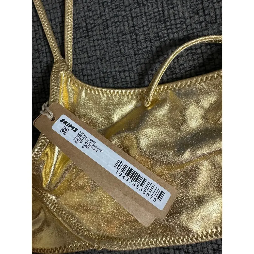 SKIMS Metallic Swim Micro Scoop Bikini Top Gold size M NWT